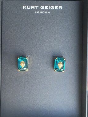 Kurt Geiger London Teal Emerald Cut Eagle's Head Stud Earrings IN BOX!